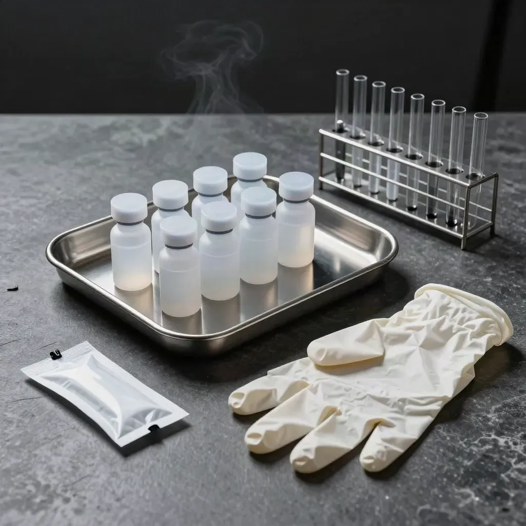 Top-down lab still life of sample vials, stainless tray, and nitrile gloves on graphite stone.