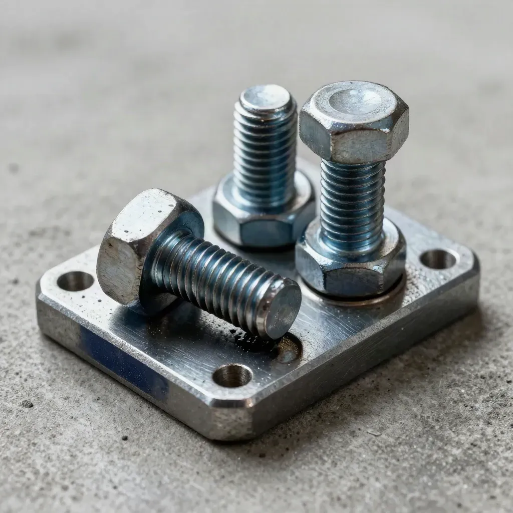 Close macro of rail fasteners, a coupling plate and worn bolts on concrete.