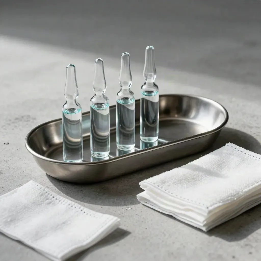 Top-down clinical still life of ampoules, kidney dish and gauze on pale stone.