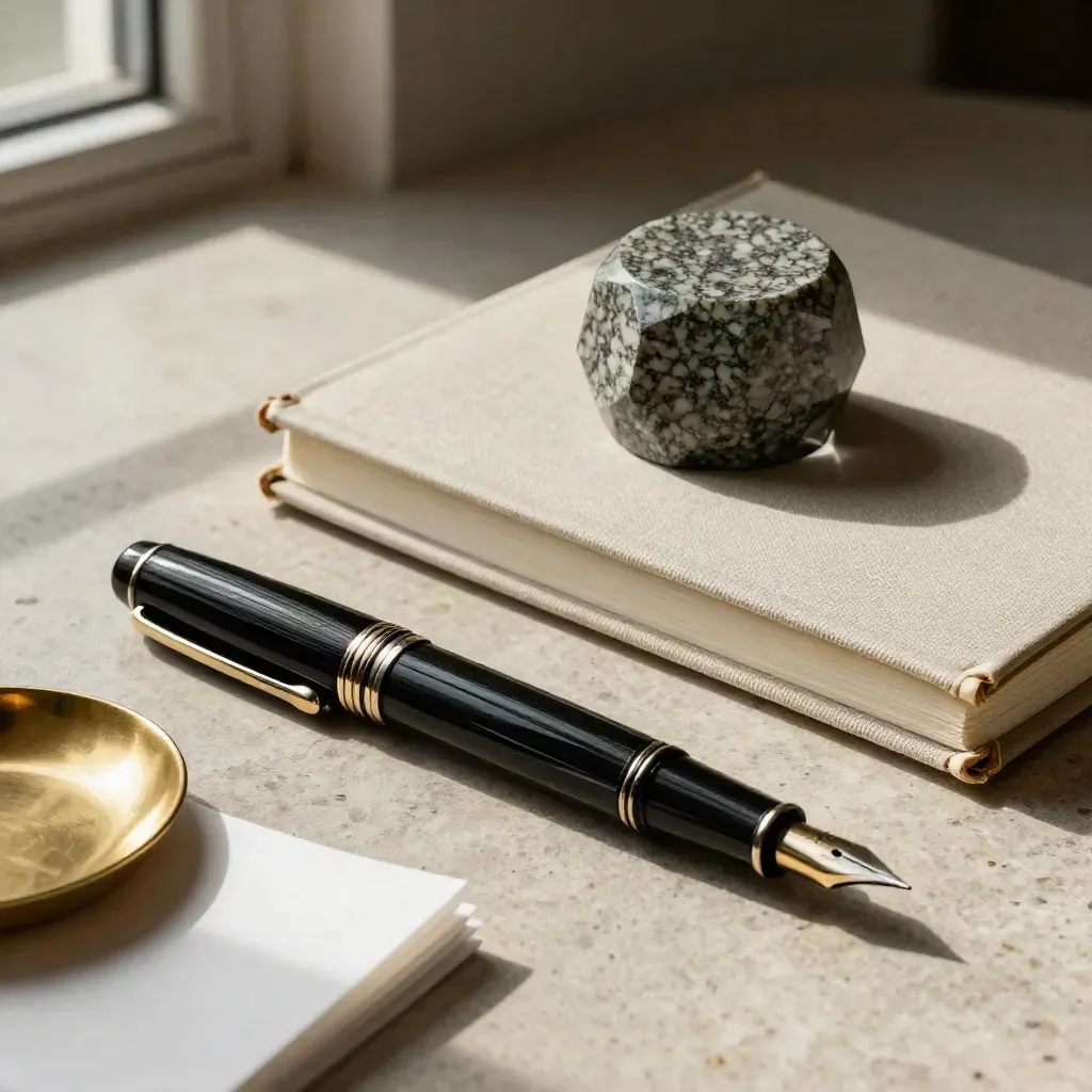 Fountain pen, linen notebook and granite paperweight on a sand stone surface.