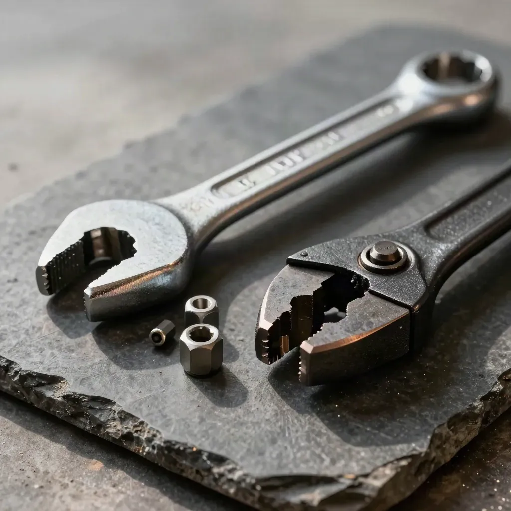 Torque wrench, hex bits and machine clamp on stone with warm workshop haze.