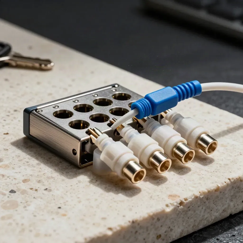 Fiber optic couplers and a patch block arranged on pale stone with a diagonal connector