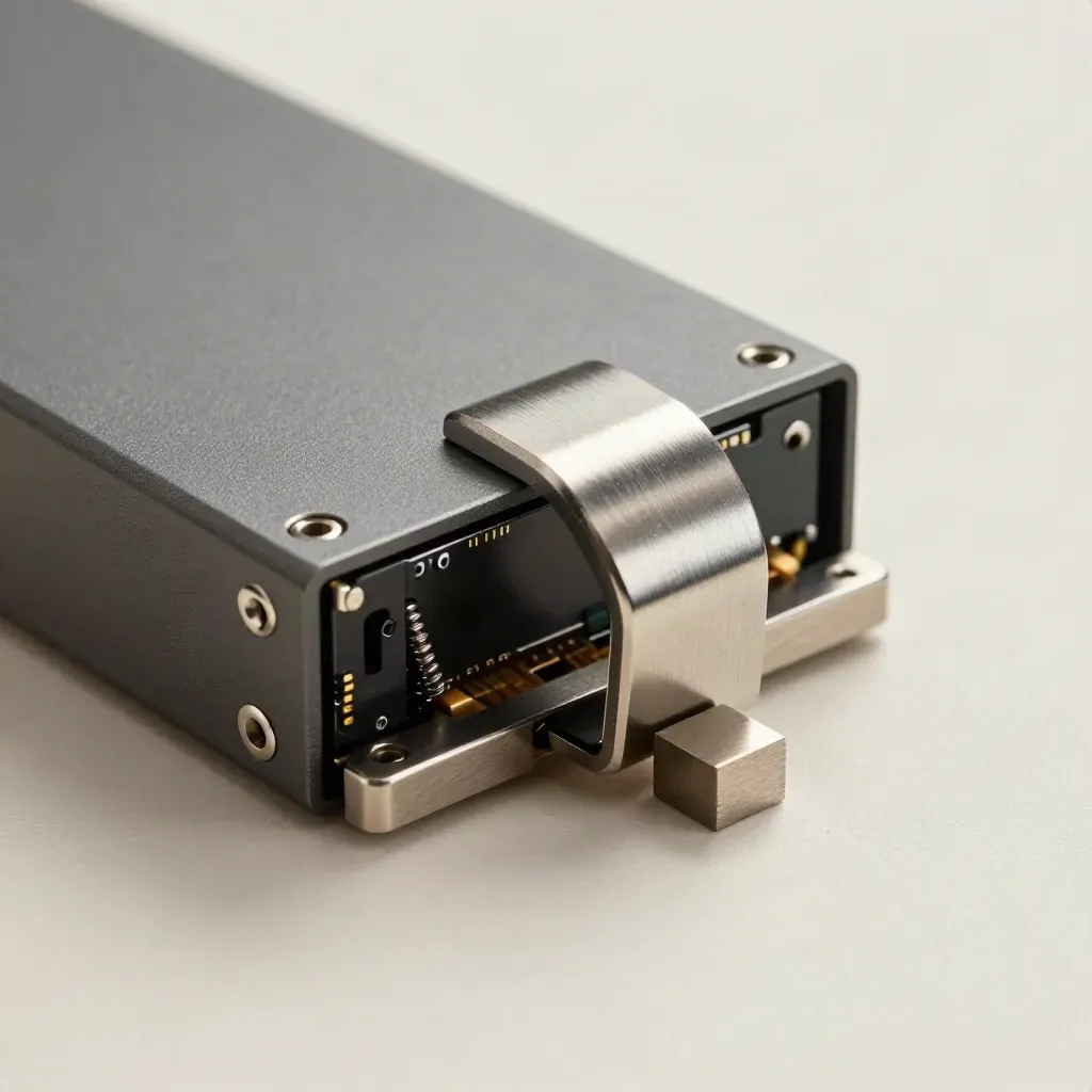 Hot-swap SSD caddy mid-click beside a tiny spacer block on a grey server surface.
