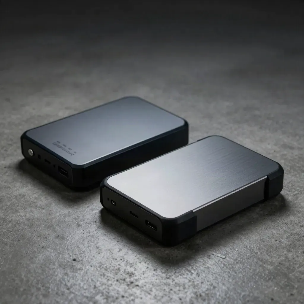 Rugged backup drive with two spare drives on matte concrete under dramatic studio light.