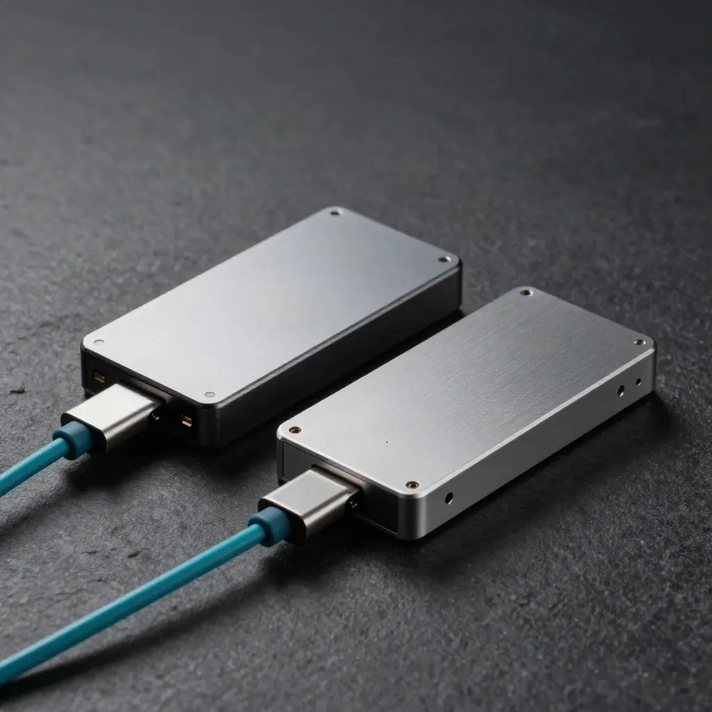 Top-down macro of two SSDs, cloning dock and fiber coupler on dark stone, lit with a skimming highlight.