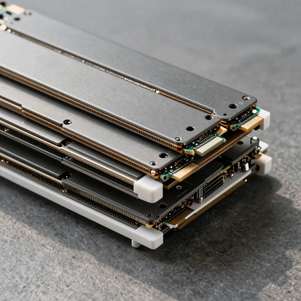 Overhead macro of stacked NVMe modules and a rack rail on stone, lit by soft daylight.