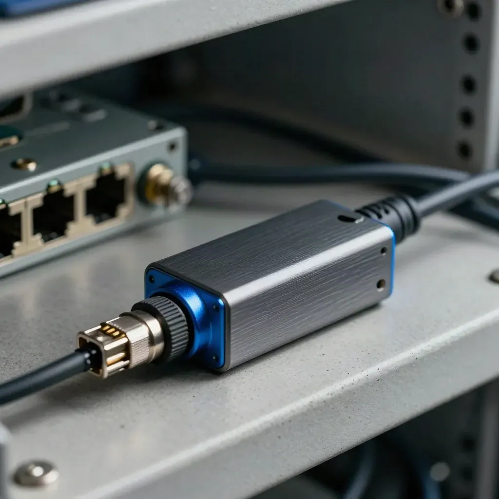 Compact network probe and patch lead on graphite surface with azure accent