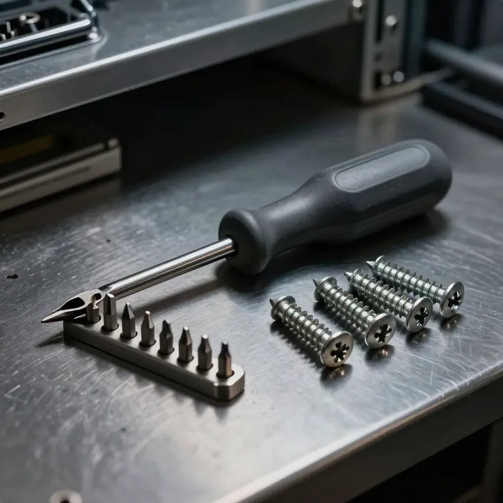 Maintenance kit with screwdriver, security bits and server screws on a graphite bench