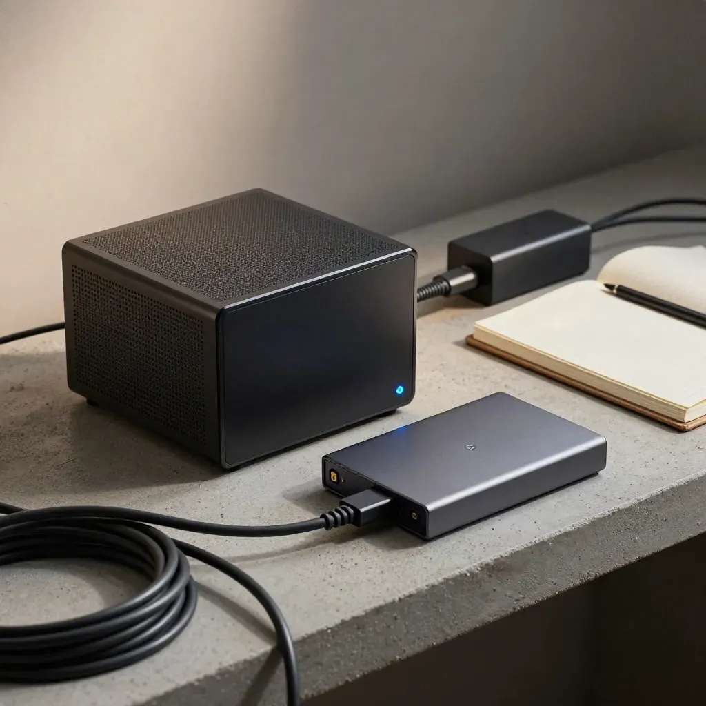 Mini server, SSD, braided power brick and closed notebook on concrete, through a cable coil.
