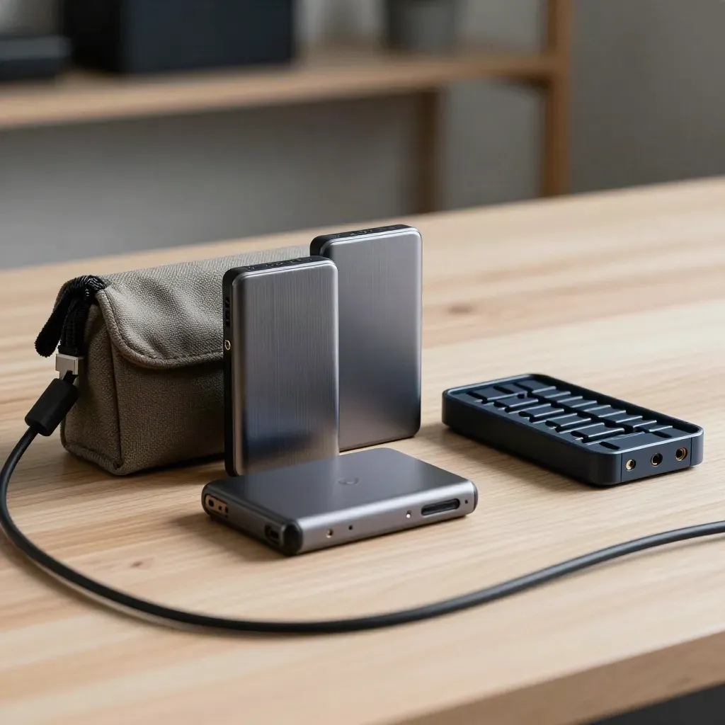 Portable SSDs, cable pouch and NAS tray on pale oak, lit as a premium backup handoff still life.