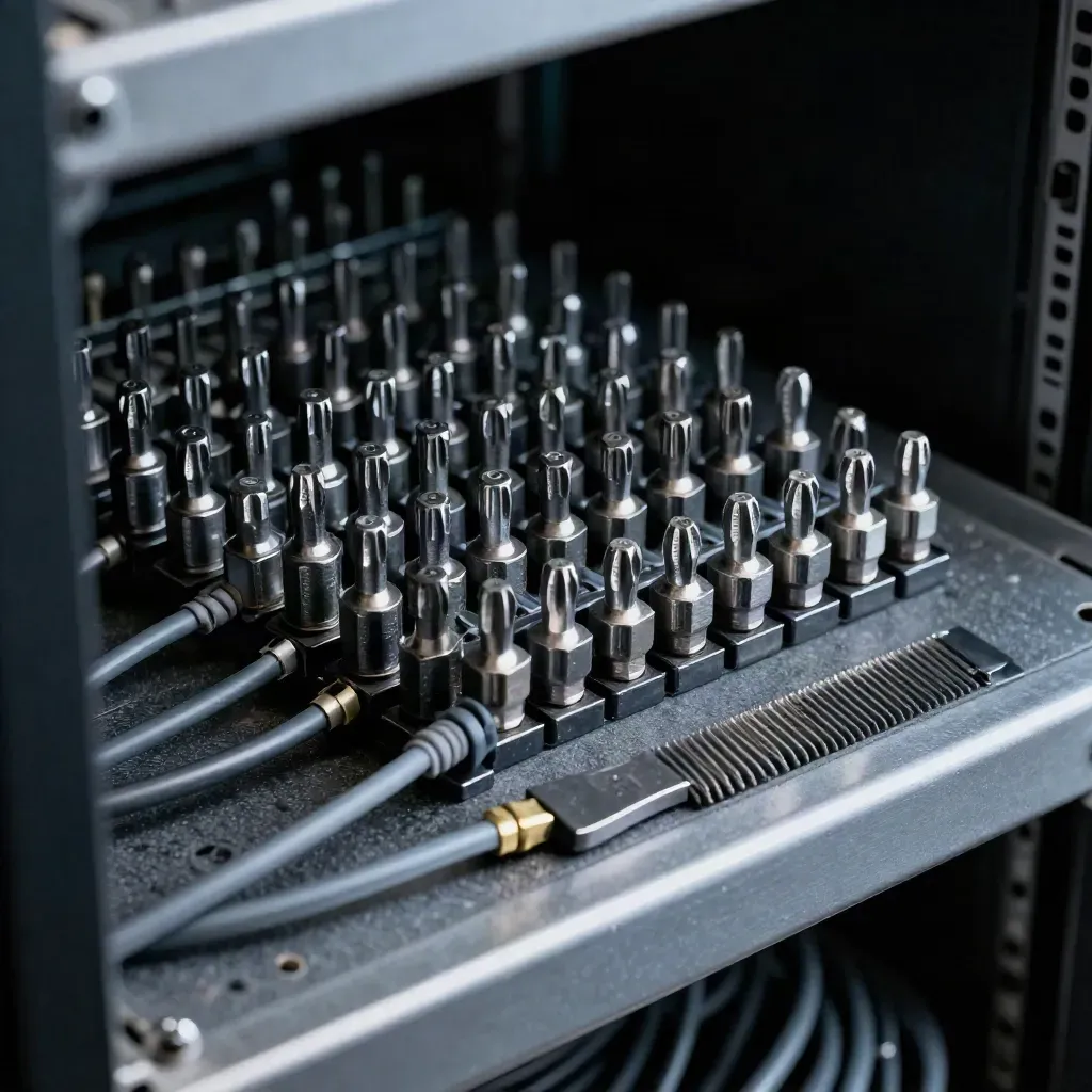 Server maintenance tools laid out on brushed steel, with patch leads, torx bits and a cable comb.