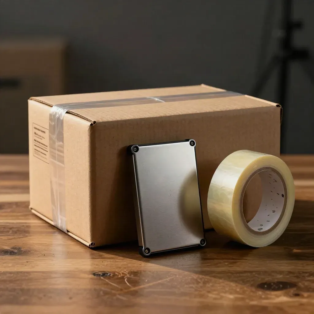 Parcel box, tape roll and backup SSD on warm oak in a moody studio still life