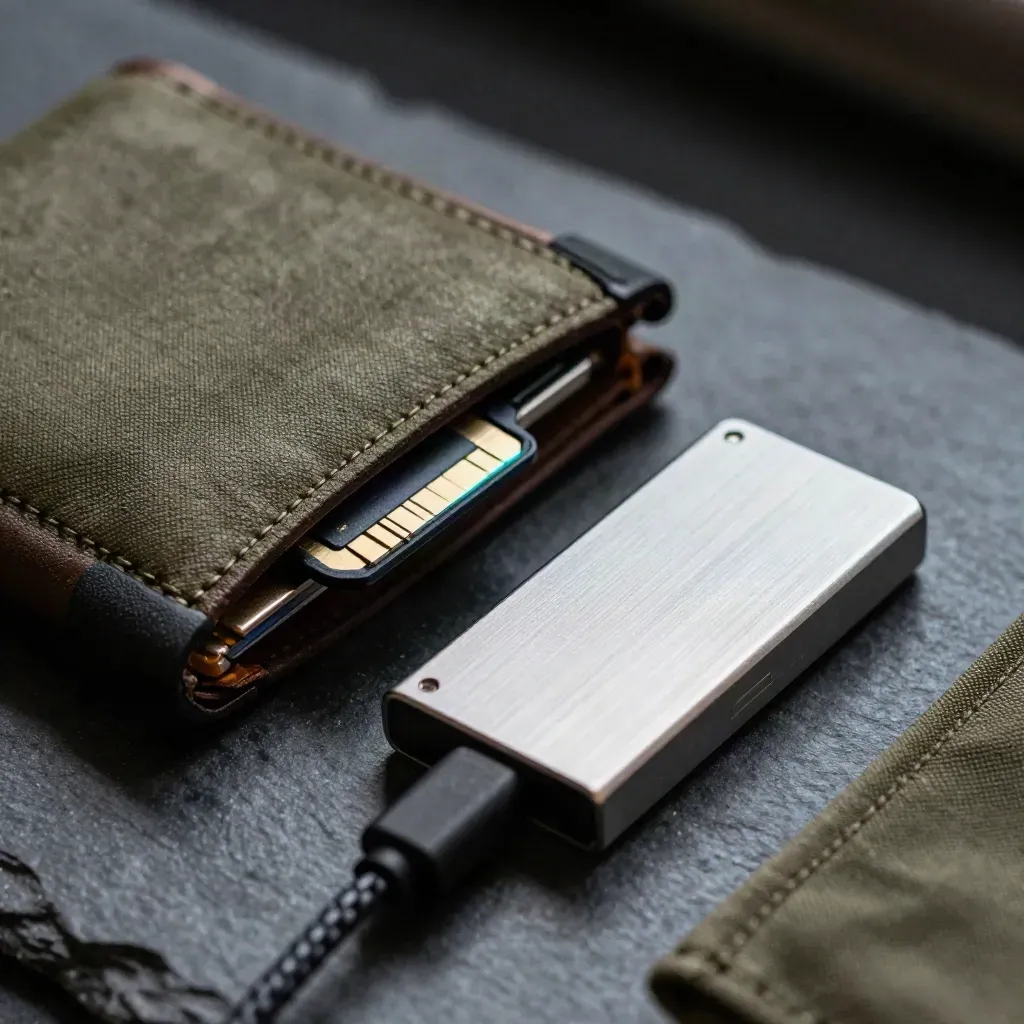 Media card wallet, SSD and aluminium card reader on slate under soft light