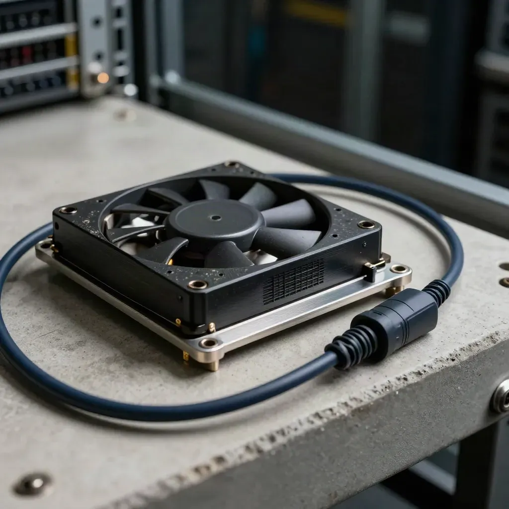 Rack rail kit, fan module and coiled patch lead on a cool concrete maintenance tray.