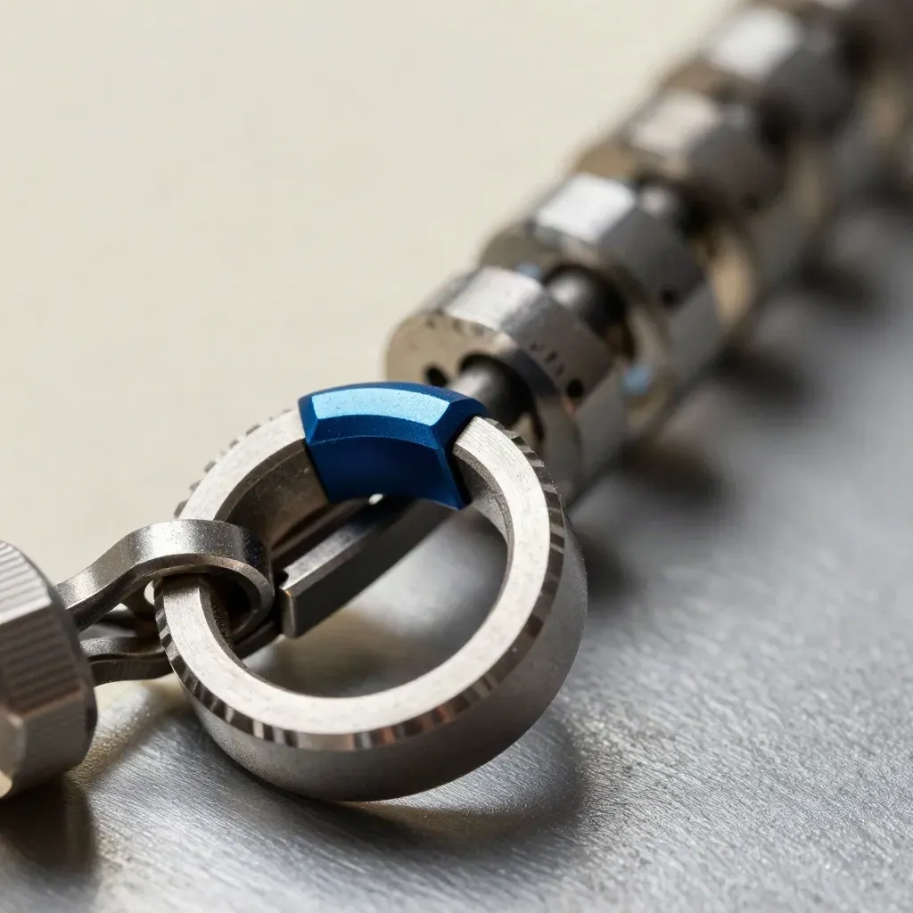 Macro chain of machined rings and cable clips with an azure accent on brushed steel.