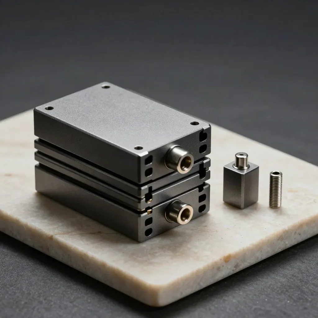 Stacked graphite modular server blocks with one connector pin on a stone surface