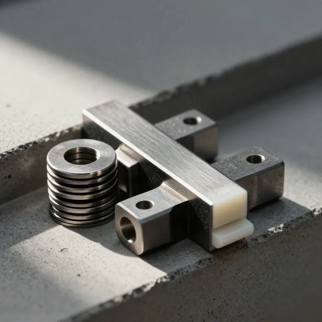 Graphite metal brackets and a bridge connector on concrete, lit by hard side light