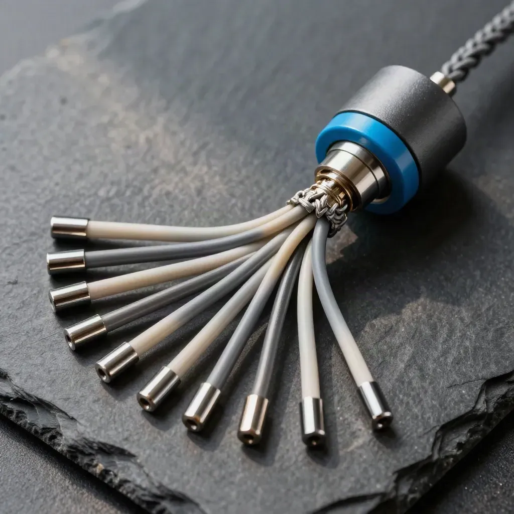 Graphite sensor puck, braided connector harness and ferrule cluster on slate.